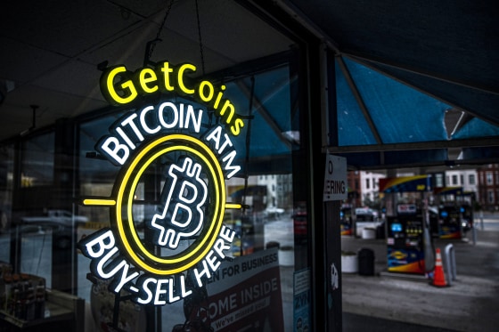 A sign for a Bitcoin automated teller machine