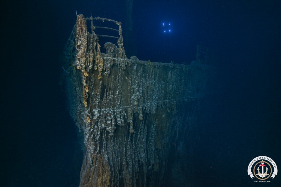 An underwater photograph of the bow of the Titanic ship