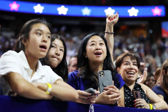 Supporters cheer at a Harris campaign rally in Las Vegas on Aug. 10. 