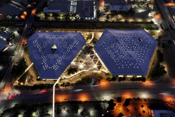 An aerial view of NVIDIA headquarters at night