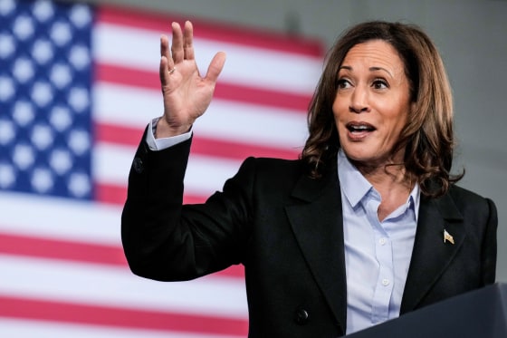 Kamala Harris speaks with hand raised