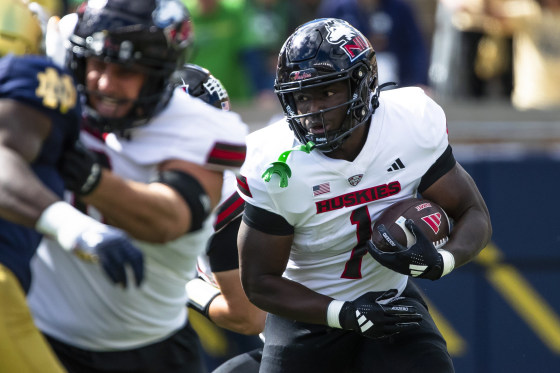 Northern Illinois running back Antario Brown (1) runs the ball during an NCAA college football game against Notre Dame on Saturday.