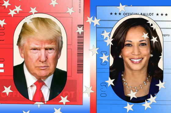 Photo illustration of Trump and Harris against gradient backdrops that read "Official Ballot;" overlaid with white stars