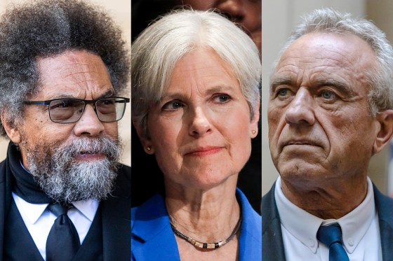 A three way side by side split of Cornel West, Jill Stein, and Robert F. Kennedy Jr.