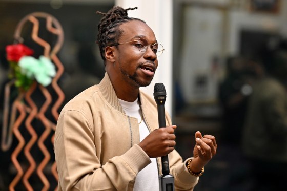 Maurice Mitchell, national director of the Working Families Party, speaks at an event in Atlanta on Sept. 4, 2024.