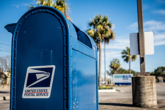 A U.S. Postal service mailbox on Feb. 10, 2022 in Houston.