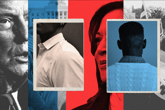 Photo collage using black-and-white images of Donald Trump and Kamala Harris; along with archival images of a rally at the Capitol and two images of black men 