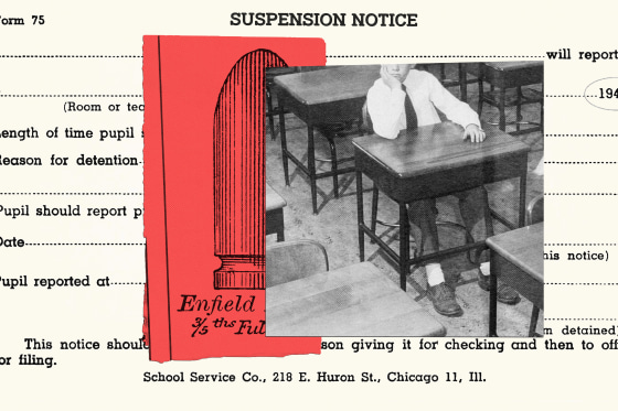 Photo Illustration: A vintage "suspension notice" paired with an illustration of a bullet and an unidentified child sitting alone ina classroom