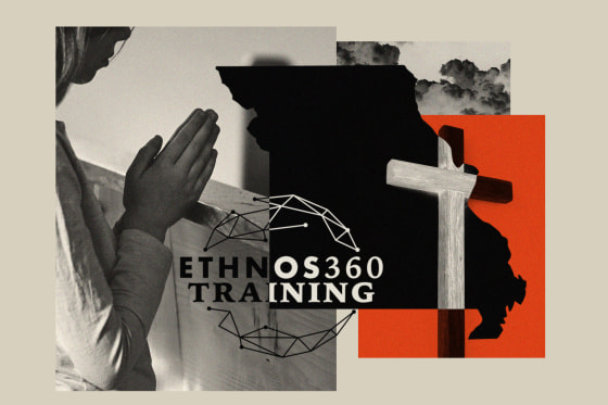 Illustration of a young child praying in a pew; the state of Missouri; a cross; the Ethnos360 training logo.