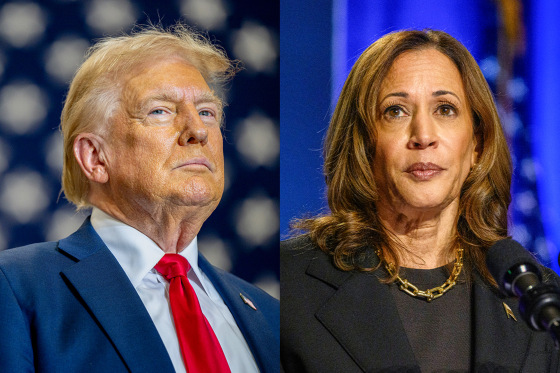 A split composite of Donald Trump and Kamala Harris.