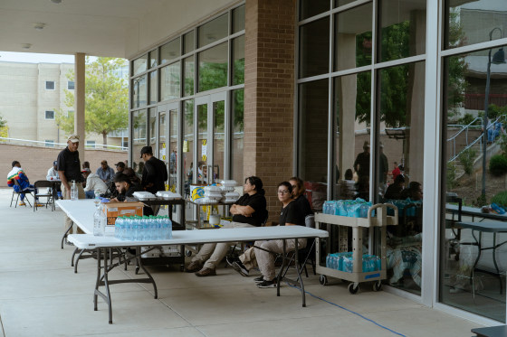 Volunteers waiting to hand out food at the Red Cross shelter at Asheville-Buncombe Technical Community College in Asheville, N.C., on Monday.