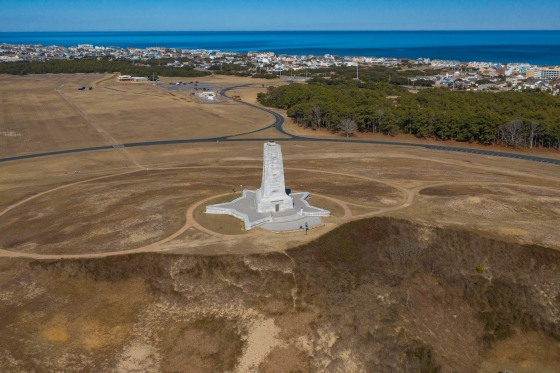 Wright Brothers National Memorial from the air, Kitty Hawk, Kill Devils, North Carolina.