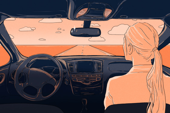 POV as if the viewer is sitting in the back of a car. A woman is seated in the passenger seat, and there is no driver behind the wheel. Through the window we see a coral-colored sky and a road leading into the distance.