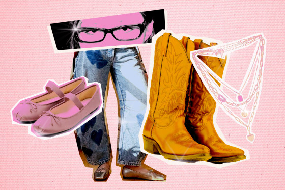 Photo Illustration: Ballet flats, barrel jeans. bayonette glasses, cowboy boots, layered necklaces