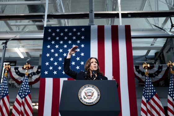 Kamala Harris gestures while speaking