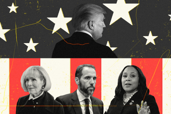 Side profile of Donald Trump against a grey background with stars on the top half of the image; on the bottom half, behind a background of red and white stripes, are (from left to right) E. Jean Carroll, Jack Smith, and Fani Willis.