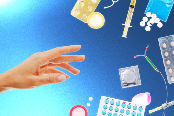 An assortment of contraceptives (condoms, birth control pills, syringes, IUDs) lay scattered around the right edge of the image. From the left, a hand reaches towards the right, as if grasping for the contraceptives.