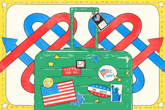 Image of green suitcase with several stickers on it. The stickers include a variety of U.S.A., election, political, and travel symbols and text. In the background are two curving arrows going opposite directions, one colored blue and the other colored red.