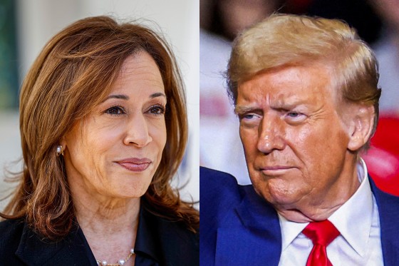 A split composite of Harris and Trump.