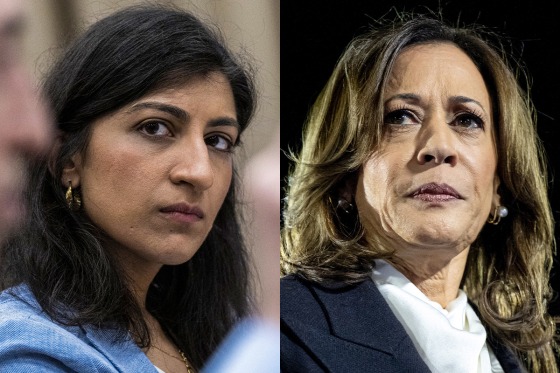 A split composite of Lina Khan and Kamala Harris