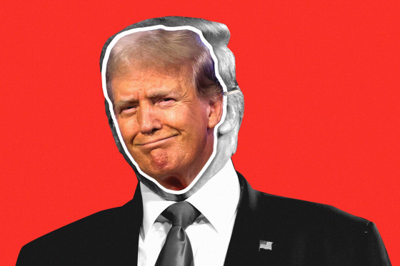 Black-and-white-image of Donald Trump overlaid with a full-color photo of his face smiling; against a red background