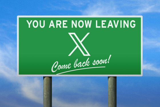 Illustration of green highway sign against blue sky; the sign reads: "You are now leaving X Come back soon!" 