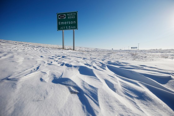 Road signage just outside of Emerson, Manitoba on Jan. 20, 2022.