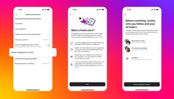 Pantalla de configuración de preferencias de contenido en Instagram. La primera captura muestra opciones como "Contenido no interesante", "Reducido por comprobación de hechos" y un botón para "Restablecer contenido sugerido". La segunda captura presenta un mensaje que pregunta "¿Quieres empezar de nuevo?", explicando que al restablecer el contenido sugerido, se eliminarán las recomendaciones personalizadas basadas en actividades anteriores. La tercera captura invita al usuario a revisar las cuentas que sigue y los temas de anuncios antes de confirmar el reinicio, destacando una lista de ejemplos con nombres de cuentas y temas. El diseño utiliza colores llamativos y una interfaz intuitiva.