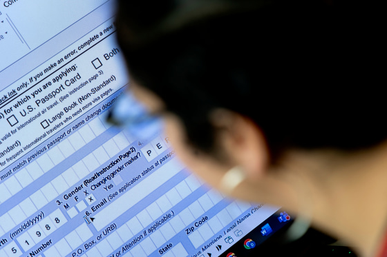 A person begins the process of filling out a passport application with an X gender marker