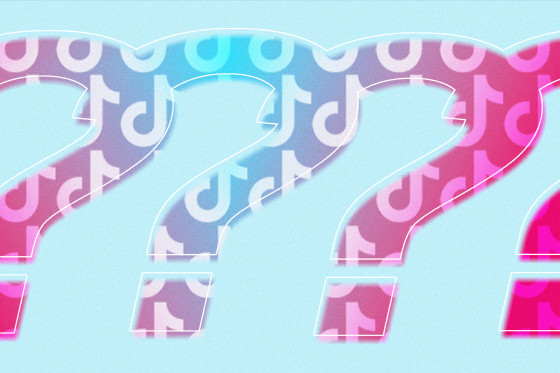 Four question marks, overlapping a bit, in a blue to pink gradient color are centered across a blue background. Inside of the question marks is a repeating pattern made up of the TikTok app logo.