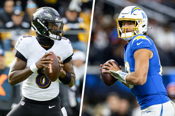 A split side by side image of Lamar Jackson, left, and Justin Herbert on the football field