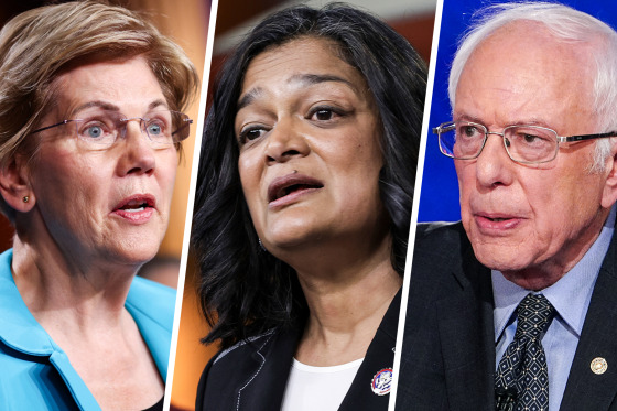 A three way split image of Elizabeth Warren, Pramila Jayapal; and Bernie Sanders.