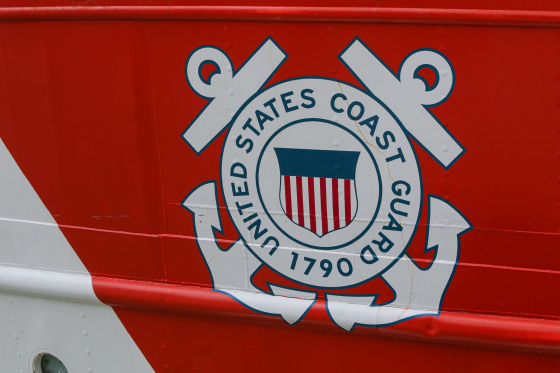 A detail view of the coast guard seal on the side of a ship