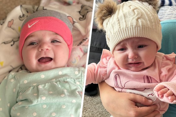 A side by side split image of two white baby girls wearing beanies