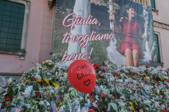 Floral tributes are laid at a memorial for Giulia Cecchettin outside Vigonovo City Hall, ahead of a memorial procession on November 26, 2023 in Venice, Italy.