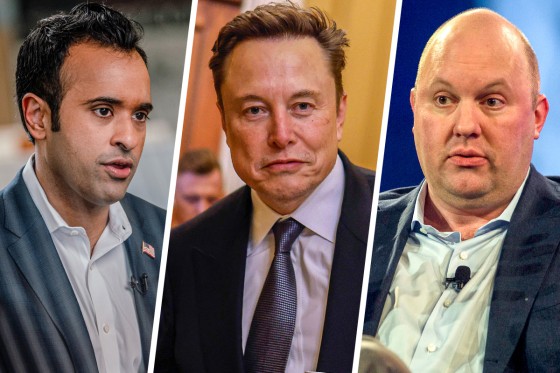 A split composite of Vivek Ramaswamy, Elon Musk and Marc Andreessen.