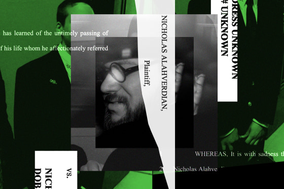 Photo collage of Nicholas Alahverdian and excerpts of text that read "Nicholas Alahverdian Plaintiff" 