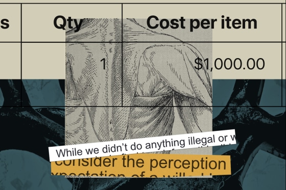 Photo collage: an anatomical drawing revealing back muscles layered atop an abstracted photo of arteries, text overlays read: "Qty: 1" "Cost per item: $1,000" "While we didn't do anything illegal or wrong.." and "Consider the perception" 