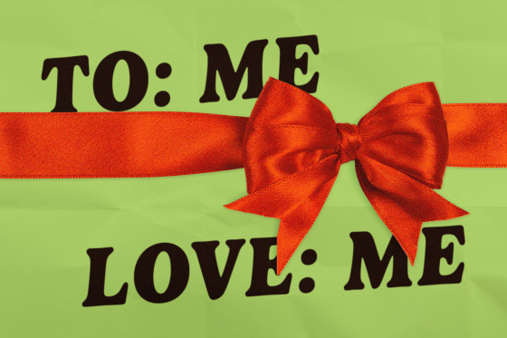 Illustration of a red ribbon wrapped over paper that reads "To: Me, Love: Me"