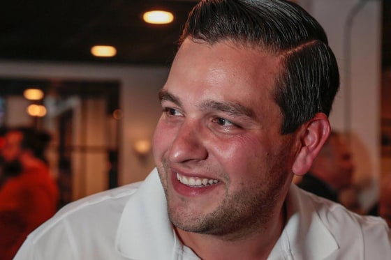 Miami-Dade County Commission District 6 candidate Kevin Marino Cabrera celebrates at Beat Culture Brewery in Miami after defeating Coral Gables Commissioner Jorge Fors on Tuesday, Nov. 8, 2022. 