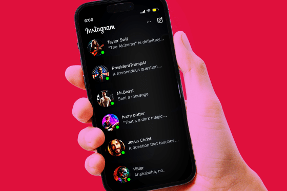 Photo Illustration: An Instagram inbox featuring messages from AI characters such as "Taylor Swif" and "Jesus Christ"