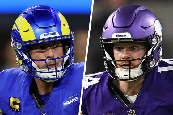 Sam Darnold #14 of the Minnesota Vikings, Matthew Stafford #9 of the Los Angeles Rams nfl football