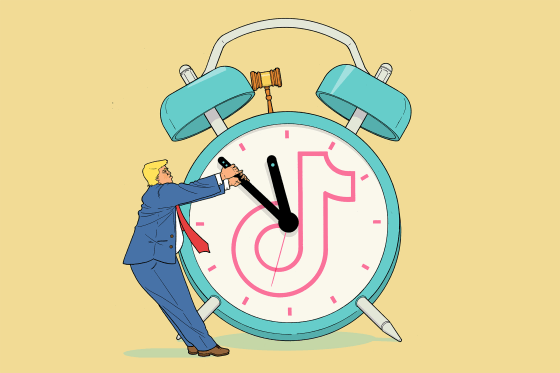 Illustration of Donald Trump pulling back the hand of a TikTok-themed ticking clock at the 11th hour. The alarm bell mechanism is a judge's gavel.