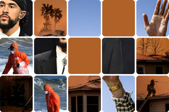 5x5 grid of obscured images revealing: Bad Bunny, the California wildfires, men in orange jumpsuits cleaning a beach, and a raised hand against a blue sky 