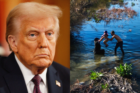 Photos of President Donald Trump and a child passed across the Rio Grande as a family heads towards the Mexican-US border.