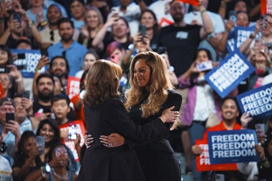 Democratic presidential nominee, Vice President Kamala Harris embraces singer Beyoncé at a campaign rally on Oct. 25, 2024 in Houston, Texas. 