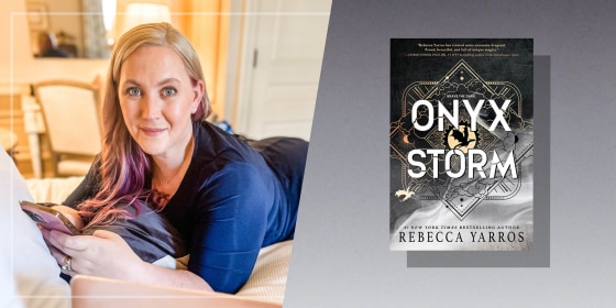 rebecca Yarros and her book, Onyx Storm