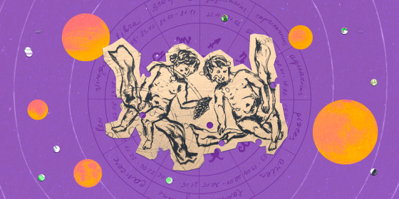 Paper cutout of the Gemini zodiac on a purple background