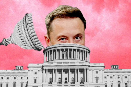 Photo Illustration: Elon Musk emerging from the top of the U.S. Capitol