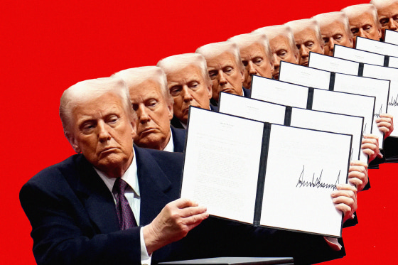 Repeated image of President Donald Trump holding a signed executive order 